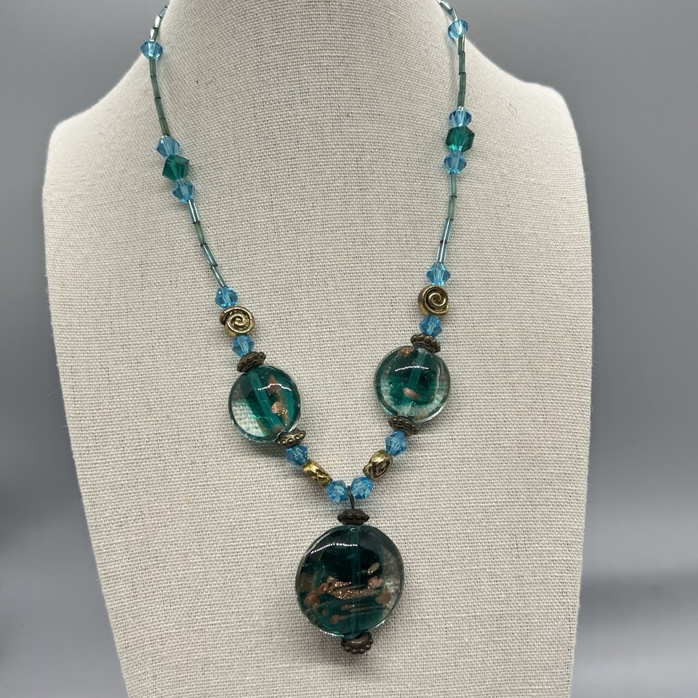 Artisan Foil Glass Pendant Necklace Blue Teal Blue Green Swirl Accents Boho